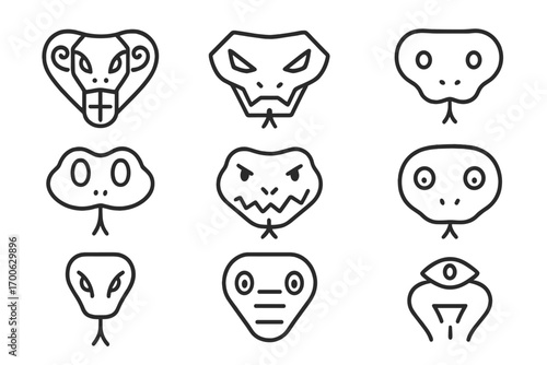 Abstract Snake Iconography. Line style icons of abstract snake faces: geometric cobra, angular viper, minimal python, rounded boa;