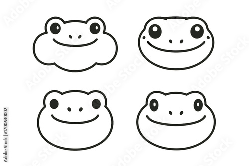 Chubby Animal Faces. Line style icons of chubby animal faces: frog puff cheeks, gecko with rounded jaw, balloon face chameleon,