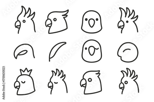 Cockatoo Line Icons. Line style icons of cockatoo heads: crest-up cockatoo, side cockatoo face, front cockatoo with dot eye,