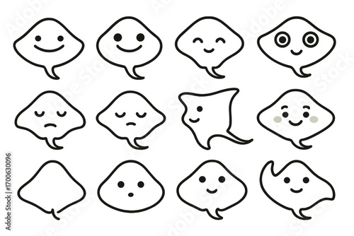 Stingray Faces Icons. Line style icons of stingray faces: flat smile ray, happy stingray, baby stingray, stingray with big eyes;