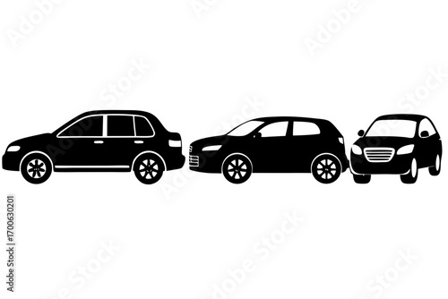 Three different car silhouettes in black on a white background showcasing various vehicle types for automotive design and transportation concepts with a clean minimalist style