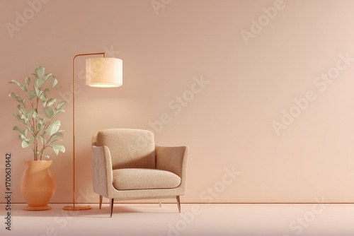 Minimalist, muted beige living room scene with a floor lamp, armchair, and potted plant