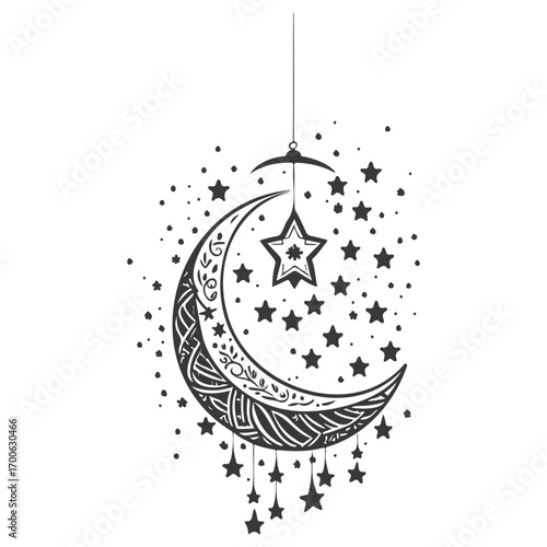 hanging moon star Ramadan illustration grey