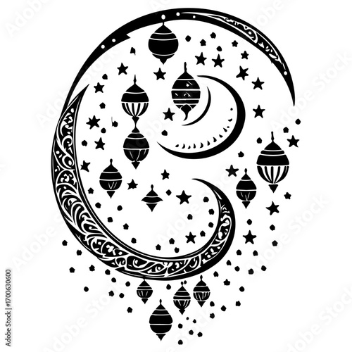 Ramadan Lantern Hanging Crescent Moon illustration sketch draw