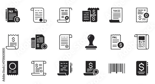 Collection of financial documents and receipts representing accounting and tax preparation in a clean, minimalist style.