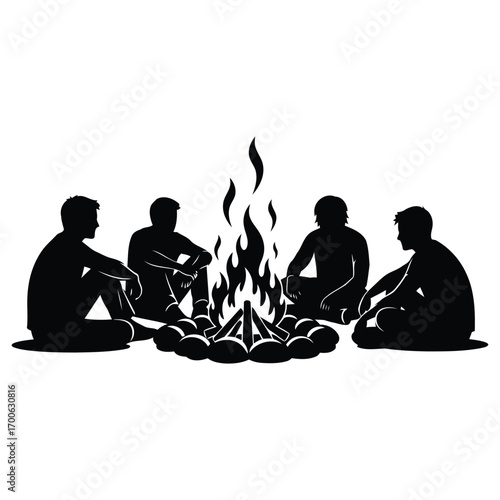 Vector art of group of friends sitting around a campfire at night, silhouette illustration