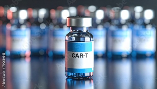 Medical vial labeled CAR-T therapy representing breakthrough in cancer immunotherapy innovation and advanced biotechnology treatment options