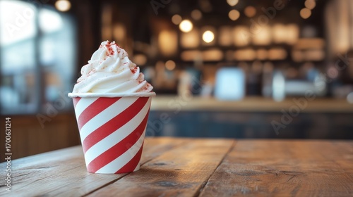 Delicious whipped cream dessert in paper cup