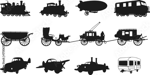 Silhouette collection of vintage transportation vehicles, including old trains, carriages, planes, cars, and more, ideal for historical design concepts