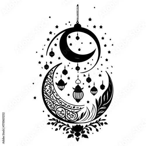 Ramadan Lantern Hanging Crescent Moon illustration sketch hand draw