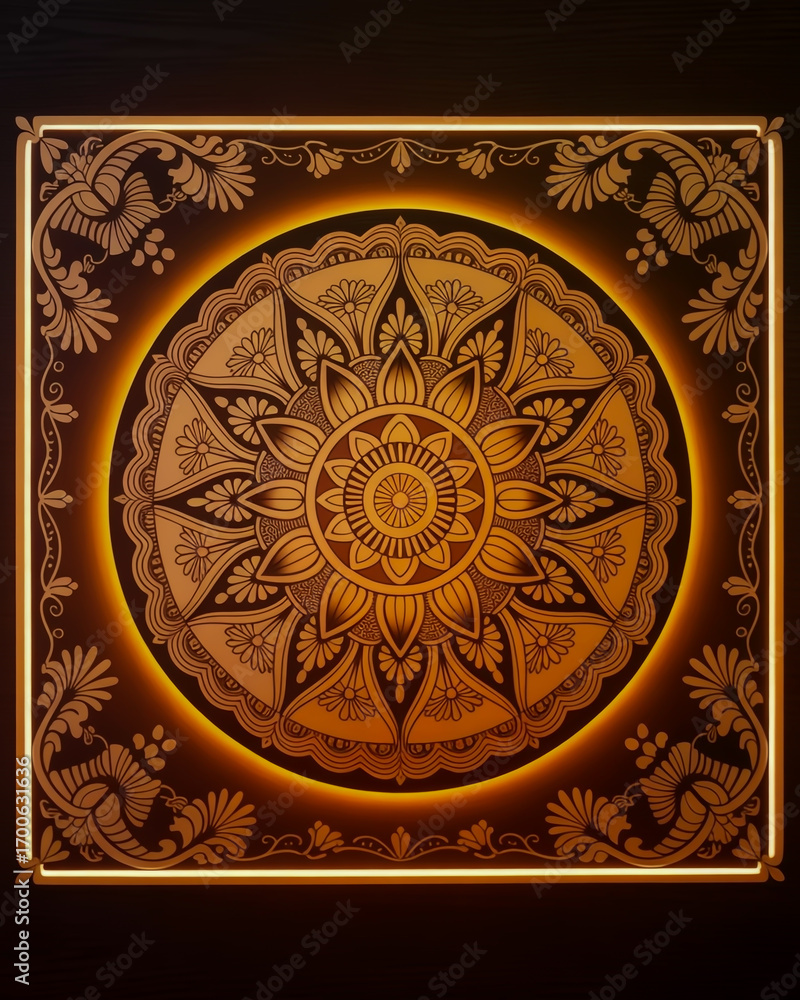 Fototapeta premium Illuminated Golden Mandala With Floral Border glowing