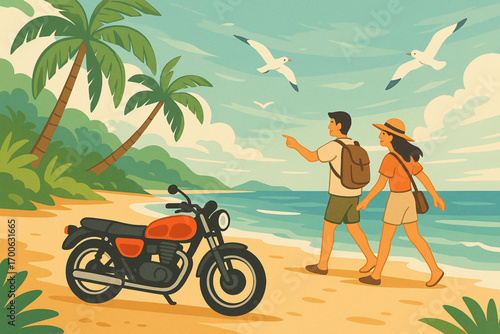 Tropical beach with parked motorcycle, two people exploring and seagulls flying in vector illustration with smooth lines and digital brushstrokes