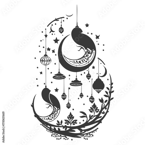 Ramadan Lantern Hanging Crescent Moon illustration grey