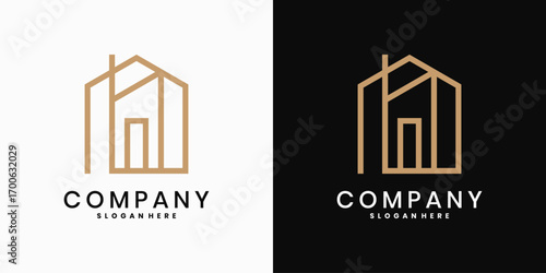 Minimalist house building logo design with line art, real estate, construction and architecture branding