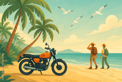 Tropical beach with parked motorcycle, two people exploring and seagulls flying in vector illustration with smooth lines and digital brushstrokes