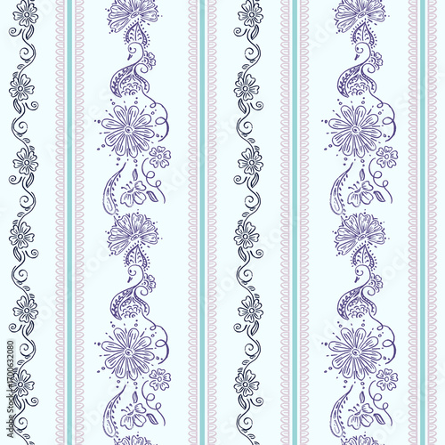 Delicate Purple Floral Stripe Seamless Pattern