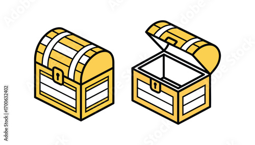 Vector illustration of closed and open treasure chests in isometric design isolated on white background