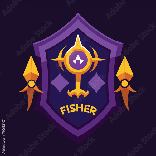 A golden compass with the word fisher in a purple shieldshaped emblem for a fishing club or a nautical themed event