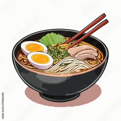 Japanese Ramen Bowl Vector with Pork, Soft-Boiled Eggs, and Chopsticks Illustration