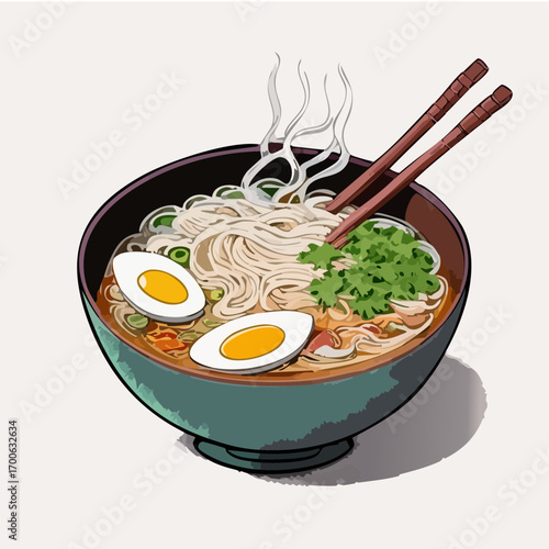 Japanese Ramen Bowl Vector with Eggs, Chopsticks, and Fresh Herbs Illustration