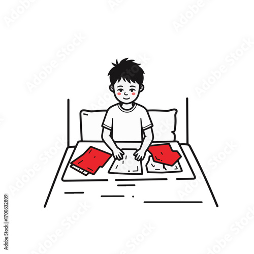 Joyful boy folding laundry on bed, minimalist home routine