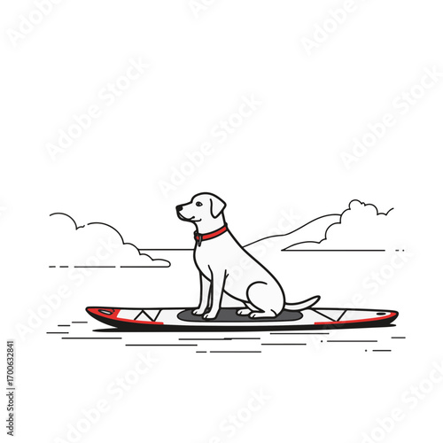 Loyal dog sitting on paddleboard in serene lake, minimalistic charm