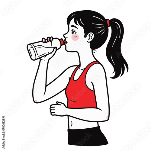 Girl sipping water after run, minimalism with red accent