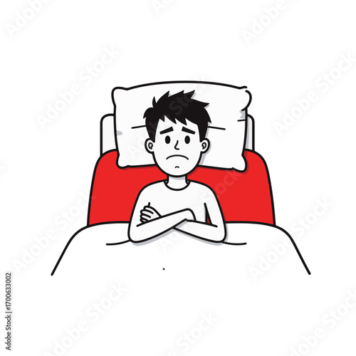 Concerned young man sitting in bed with crossed arms, inner conflict