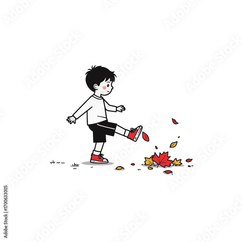 Boy kicking autumn leaves in black and white minimalist style, playful joy