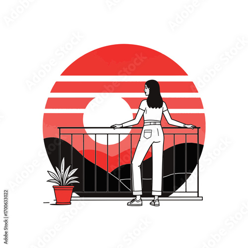 Woman contemplating sunset on balcony, minimalist inspiration