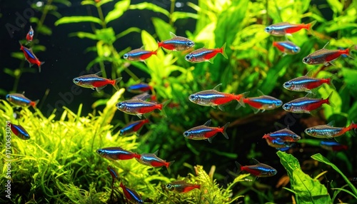 Neon Tetras Swimming in Aquarium with Plants with Aquatic Life.