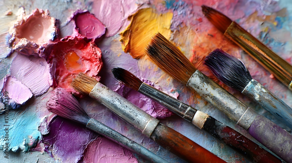 Fototapeta premium Artistic paintbrushes and vibrant oil paints on palette for creative artwork and painting projects