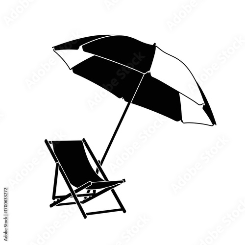 Beach chair and umbrella silhouette isolated on white background