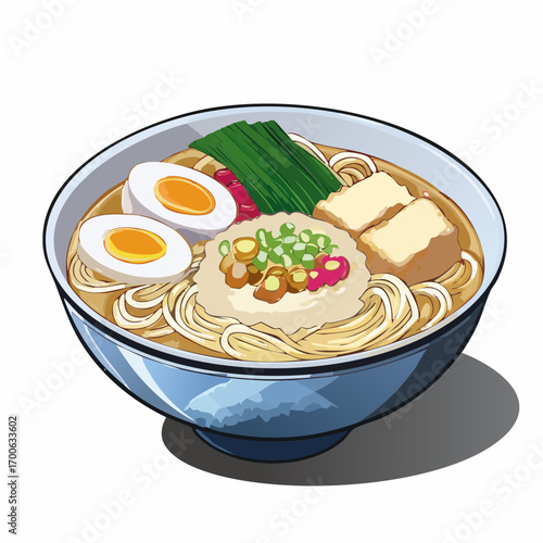 Japanese Ramen Bowl Vector with Tofu, Egg, and Vegetables Illustration