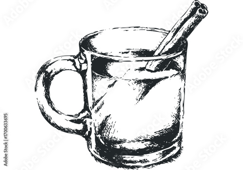 Hand Drawn Sketch of Cinnamon Stick in Hot Beverage Mug. Vector hand drawn illustration
