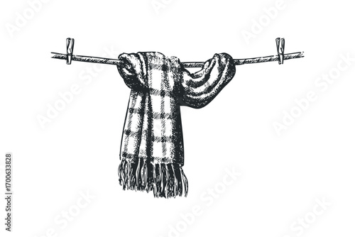 Plaid Scarf Hanging on Clothesline with Clothespins Image. Vector hand drawn illustration