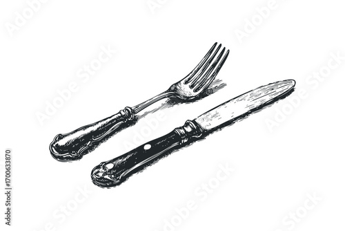 Vintage fork and knife on transparent background image. Vector hand drawn illustration