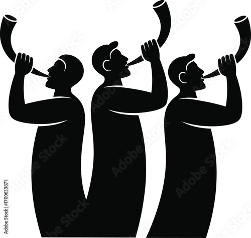 Three men blowing shofars in unison for a religious celebration or announcement