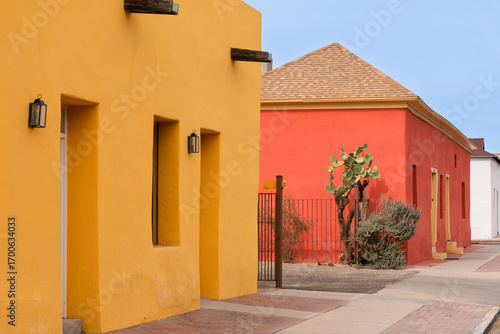 Brightly Painted Houses in Barrio Viejo.. The neighborhood is known for its colorful houses from the 1800s to the early 1900s near downtown, Tucson, Pima County, Arizona, USA