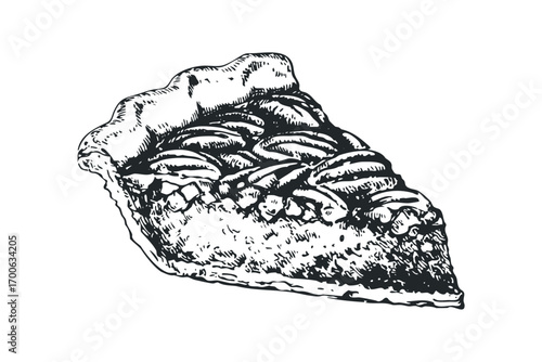 Sketch of a Pecan Pie Slice with Flaky Crust on White. Vector hand drawn illustration