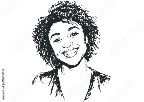Black woman with curly hair smiles and sticks tongue out on transparent. Vector hand drawn illustration