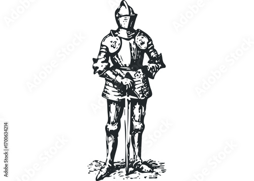 Full Body Knight Armor with Sword. Vector hand drawn illustration