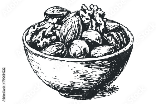 Sketch of assorted nuts in a bowl on white. Vector hand drawn illustration