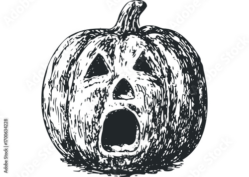Scary jack o lantern carved pumpkin face with open mouth isolated on white. Vector hand drawn illustration