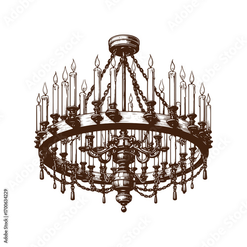 Rustic Western Saloon Chandelier with Candles – Black and White Vector Illustration