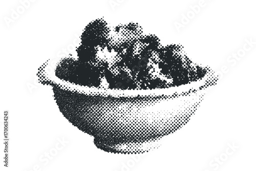 Halftone texture of a bowl filled with cauliflower florets on a transparent. Vector hand drawn illustration