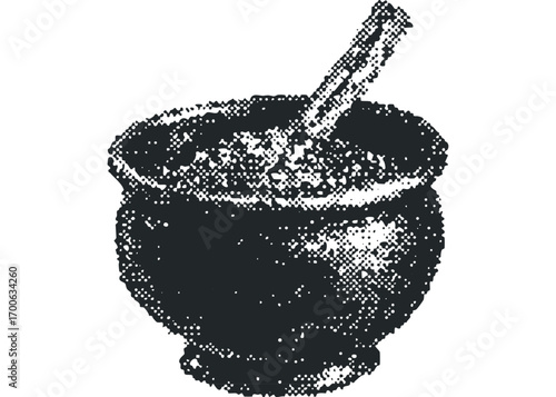 Mortar and pestle with textured interior on transparent. Vector hand drawn illustration