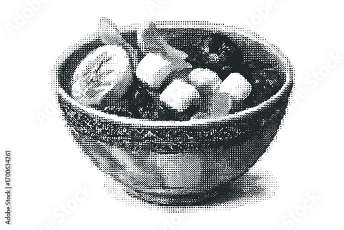 Halftone dot pattern of a fruit bowl with slices of fruit and cubes. Vector hand drawn illustration