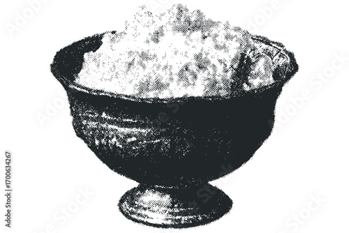 Textured bowl filled with granular material on transparent background. Vector hand drawn illustration