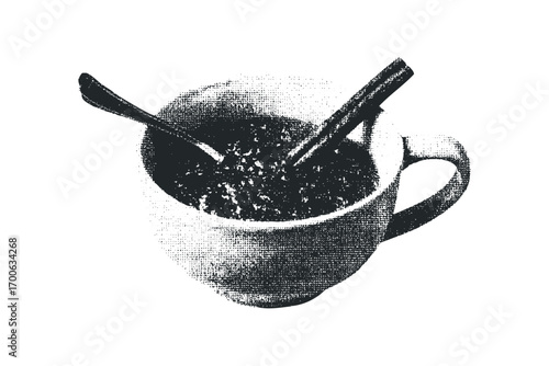 Hot beverage in ceramic cup with spoon and cinnamon stick isolated. Vector hand drawn illustration